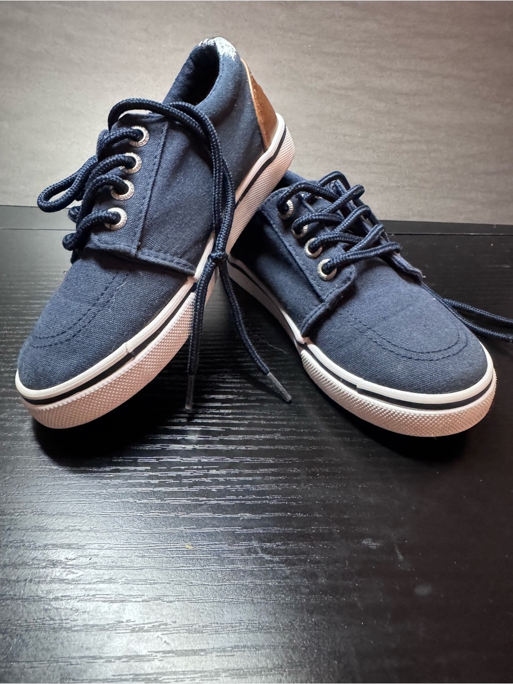 Nautica Navy Blue Canvas Lace-Up Sneakers with White Soles and Brown Heel Accent